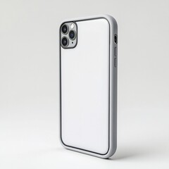 White smartphone in a light grey case on white background.