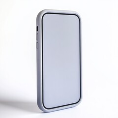 Gray smartphone in protective case on white background.