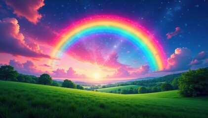 Naklejka premium Vibrant arc spanning horizon, lush green trees below, high-resolution, background, resource