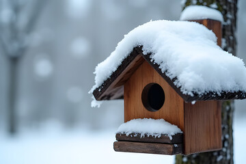 Naklejka premium Rustic Snow-Covered Birdhouse in Winter Forest