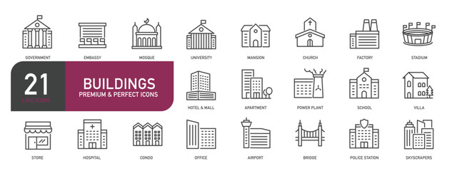 Set of line icons related to building, architecture, skyscraper. Outline icons collection. Editable stroke. Vector illustration