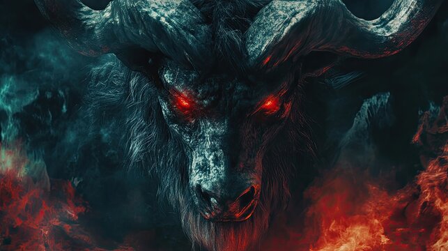 A fearsome bovine creature with glowing red eyes stares ahead