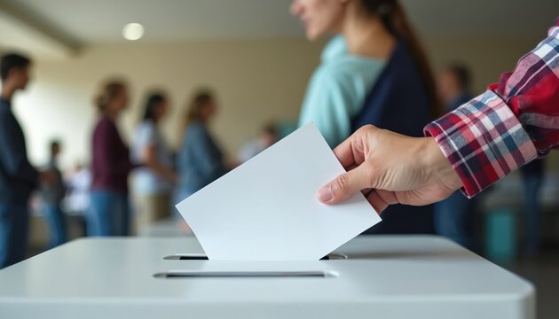 Woman casts vote by placing ballot into box at voting precinct during election. Person makes choice in democratic process. Citizen participates in referendum campaign.