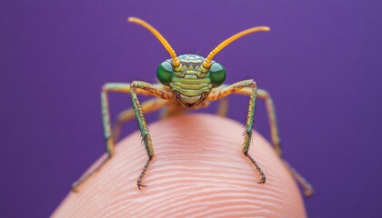 Fototapeta premium Close-up of a vibrant green insect with large eyes perched on a finger against a purple background.
