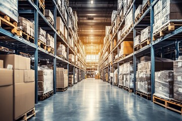 Fototapeta premium Vast warehouse interior with high shelves stocked with cardboard boxes and pallets.