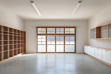 Fototapeta premium Empty modern garage interior with wooden shelves, large window, and polished concrete floor.