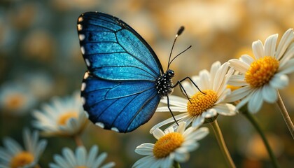 Fototapeta premium Iridescent Blue Morpho Butterfly Resting Delicately on White Daisies