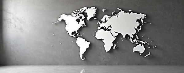 3D Illustration of world map on concrete wall and floor. Horizontal banner of grey continents. Perfect background for travel, business, design, geography, politics, earth, globalization themes.