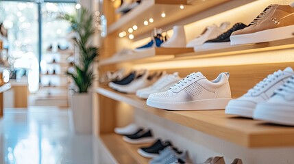 Stylish White Sneakers on Display: A Modern Shoe Store Interior
