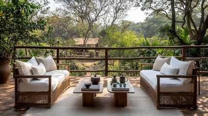 Fototapeta premium Outdoor patio furniture overlooking jungle landscape. Potential use Stock photo for interior design, travel, nature, or luxury living