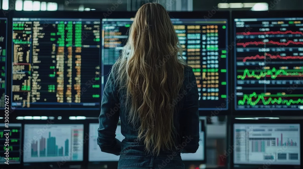 Poster a person analyzes stock market data displayed on multiple screens in a modern trading environment.