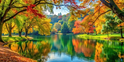 Lush green trees with vibrant autumn leaves in a park surrounded by a serene lake, lake, nature