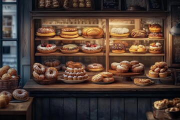 The cozy atmosphere of a bakery shop with beautifully arranged pastries.