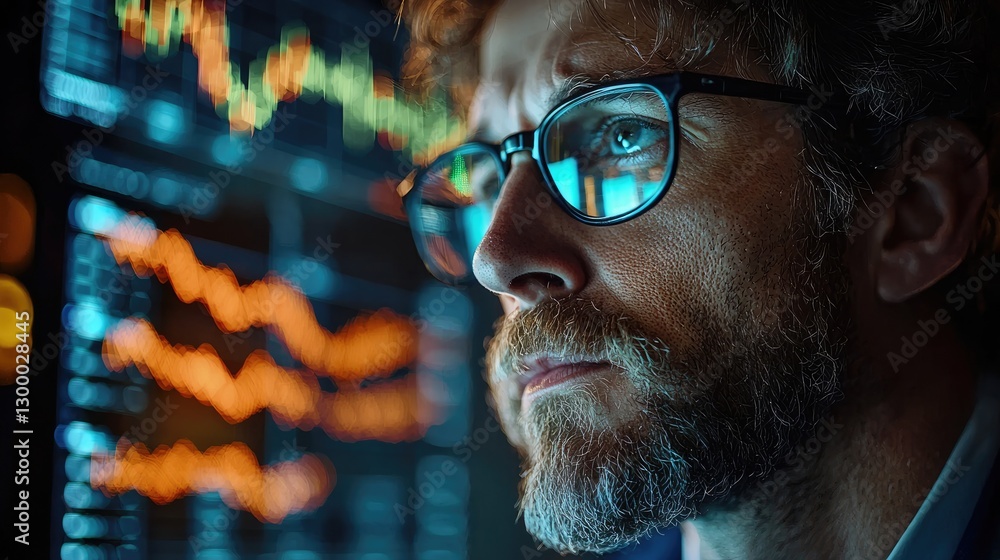 Poster a focused man analyzes financial data on a screen, illuminated by colorful graphs and charts.