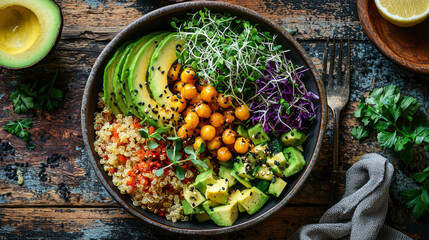 A beautifully arranged bowl features colorful quinoa, creamy avocado slices, vibrant sprouts, and fresh herbs, perfect for enjoying nutritious plant-based meals any time of day