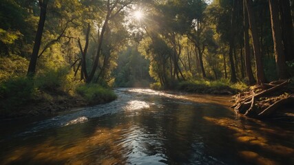 Obraz premium A serene river flows through a lush forest, illuminated by soft sunlight.