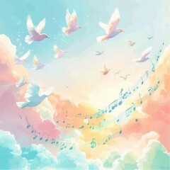 A beautiful watercolor painting of soaring doves in colorful skies