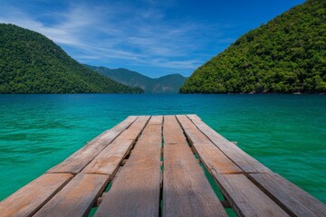 A wooden pier extending into the turquoise waters of a small island bay