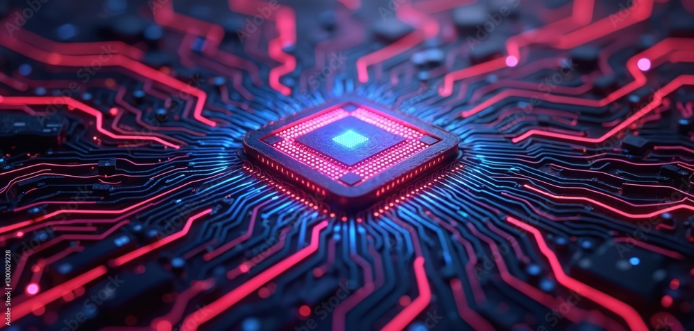 Poster Abstract digital technology background with artificial intelligence. Futuristic glowing circuit board with processor. Generative AI tech innovation, machine learning, neural networks concept.