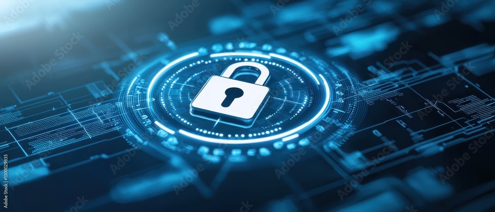 Poster digital padlock icon on a blue technology background representing cybersecurity and data protection.