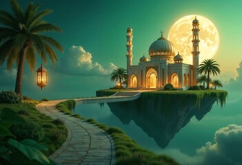 Naklejka premium Golden Domes and Crescent Moon – Islamic Fantasy Architecture