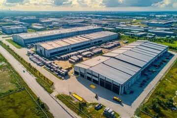 Aerial perspective of contemporary industrial warehouses.