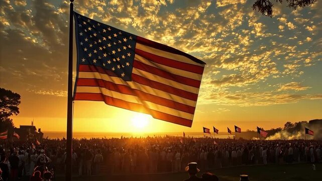 Crowd gathers under the sunset with American flag waving at a patriotic celebration