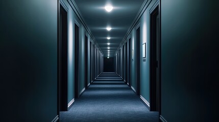 Fototapeta premium A long dark hallway with multiple closed doors and lights