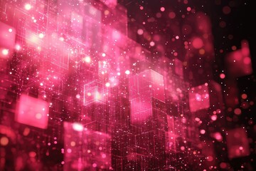 Abstract digital background with pink glowing particles and geometric shapes creating a vibrant atmosphere