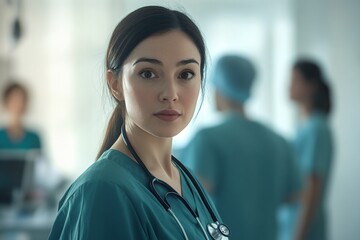 Fototapeta premium Confident female doctor in scrubs with stethoscope, looking at camera in hospital setting.