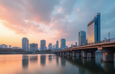 Fototapeta premium Sunrise cityscape of Yeouido district and Han River in Seoul. The buildings are reflecting in water. Bridge over river with skyline. Early morning sky colors. Urban landscape.