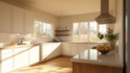 Fototapeta premium Defocused and Blurr Photo of Modern and Luxury Simple Kitchen Interior Design. AI Generated Images