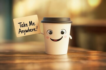 Cute cartoon coffee cup character with a cheerful expression invites adventure and companionship on the go. Generative AI
