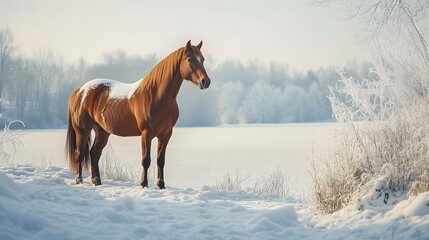 Serene Brown Horse Standing Gracefully in a Captivating Winter Landscape with Frosty Scenery