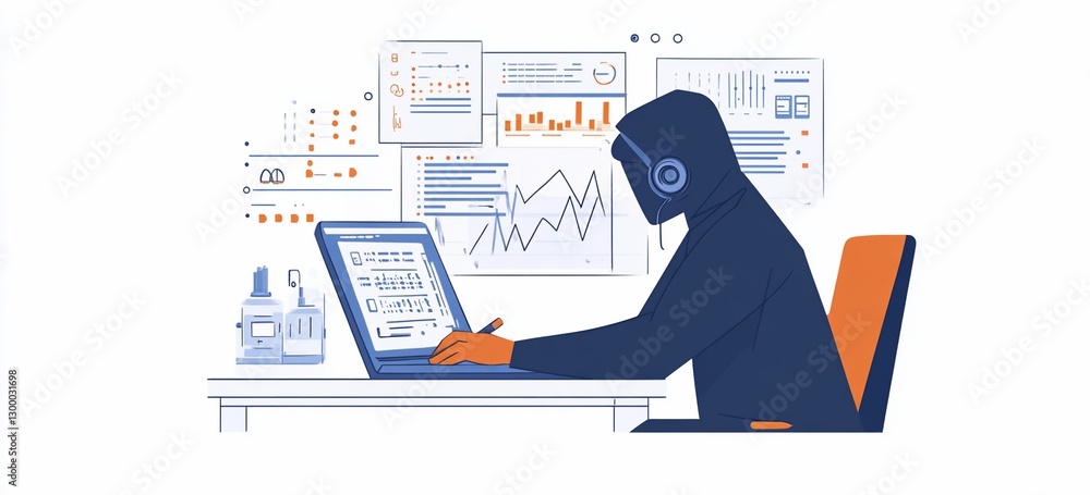 Poster person working on laptop analyzing data charts and graphs.