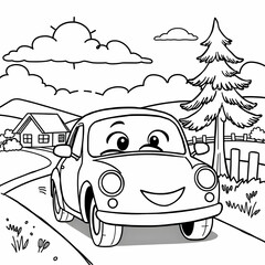 Cute Cartoon Car Smiling Face Cozy Cottage Pine Tree Grassy Landscape Black and White Drawing
