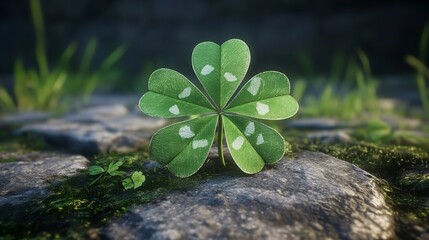 A close-up shot of a four-leaf clover with white spots, growing on a rough, textured rock surface, with blurred greenery in the background.