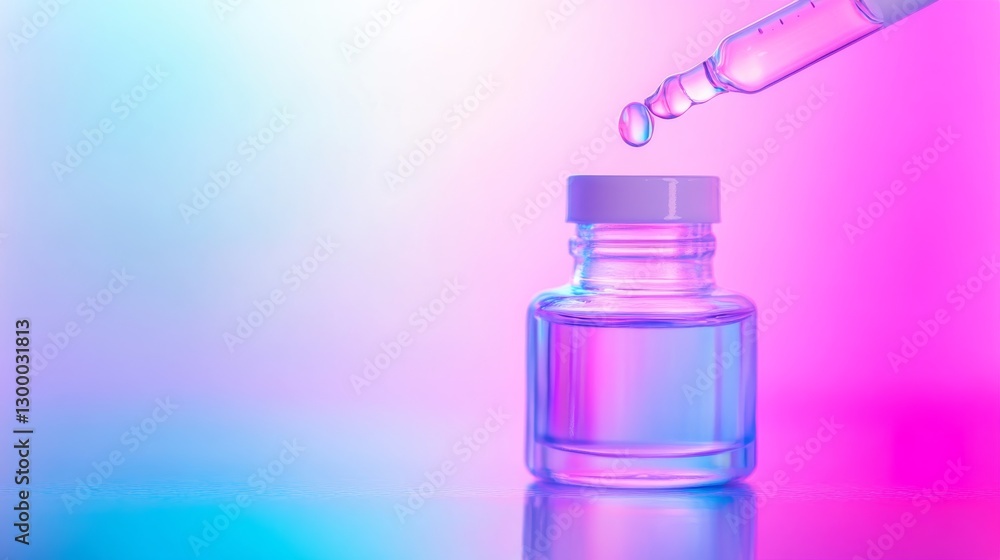 Poster Serum bottle is shown with a pipette dispensing a droplet on a soft pastel background, emphasizing a clean and minimalist aesthetic suitable for beauty products