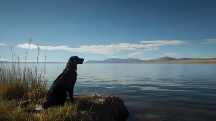 Black dog at the edge of Lake Titicaca under a clear blue sky with mountains in the background