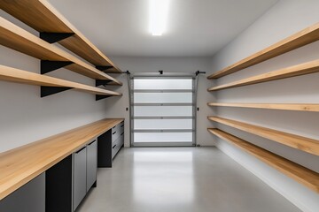 Modern garage interior with wooden shelves, sleek countertops, and frosted glass garage door.