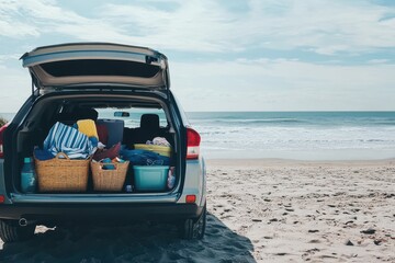Family gathering is planned at the beach with the trunk of the parked car filled with towels and picnic supplies. Generative AI