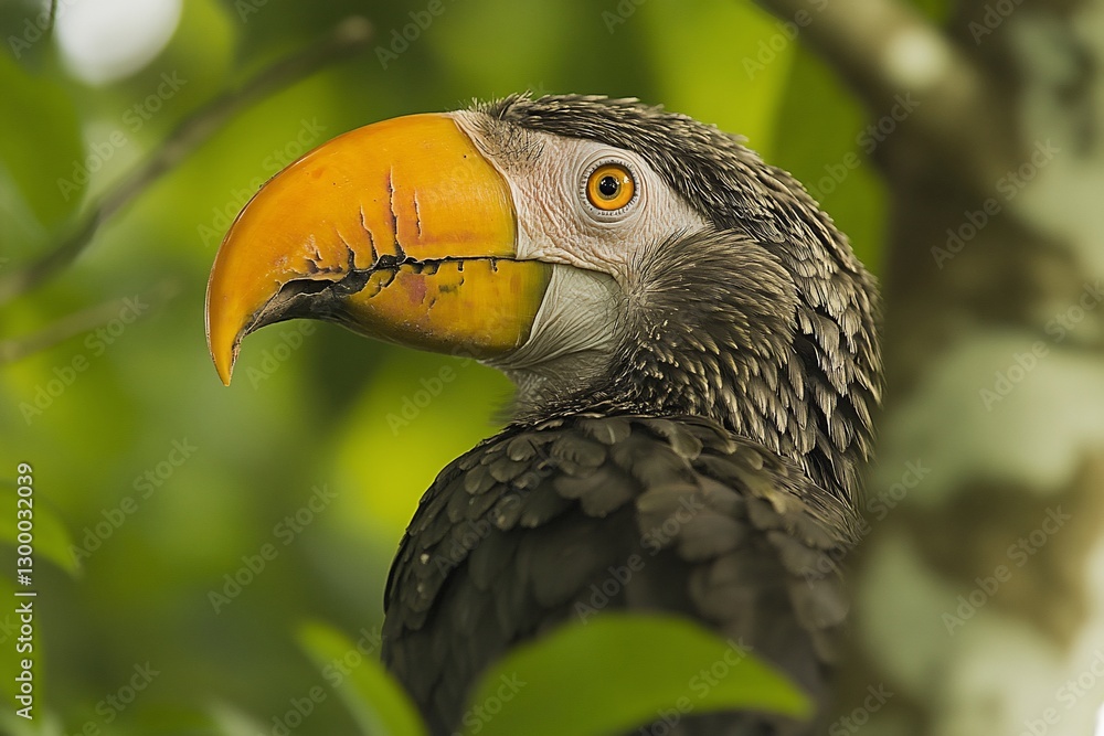 Poster close-up profile view of a collared aracari perched on a tree branch in a lush green forest.