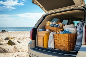 Family adventure awaits with a car full of beach essentials parked by the serene ocean shore. Generative AI