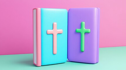 Fototapeta premium Pastel Books with Cross Design on Vibrant Background