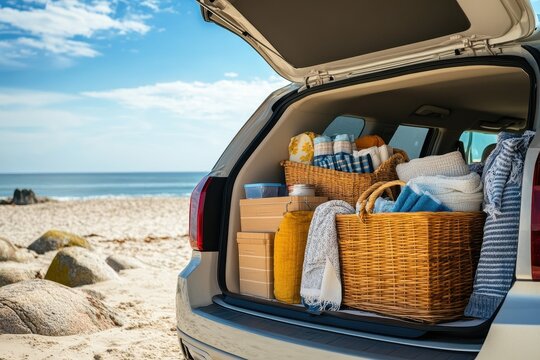 Family adventure awaits with a car full of beach essentials parked by the serene ocean shore. Generative AI