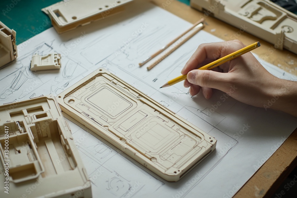 Poster close-up of a hand sketching on blueprints near a prototype.