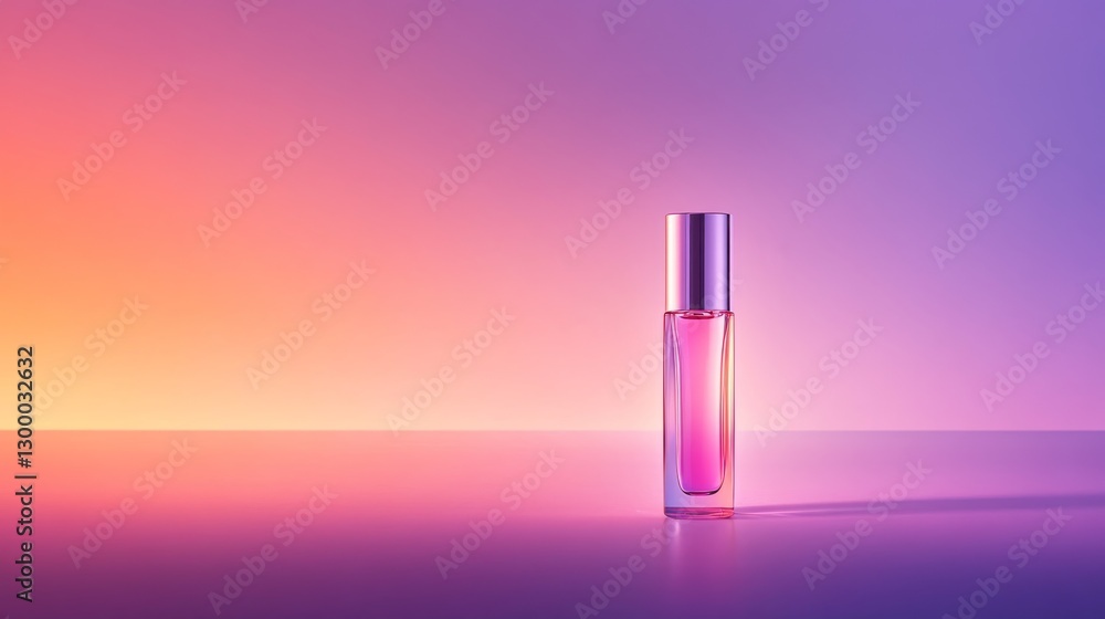 Poster a clear cosmetic bottle is arranged elegantly against a soft, gradient background, emphasizing simpl