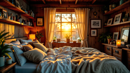 Rustic dark wood shelves, cozy beds, soft blankets, scented candles, warm sunset lights in a peaceful country bedroom environment, natural textures and warm tones inspire the interior design.