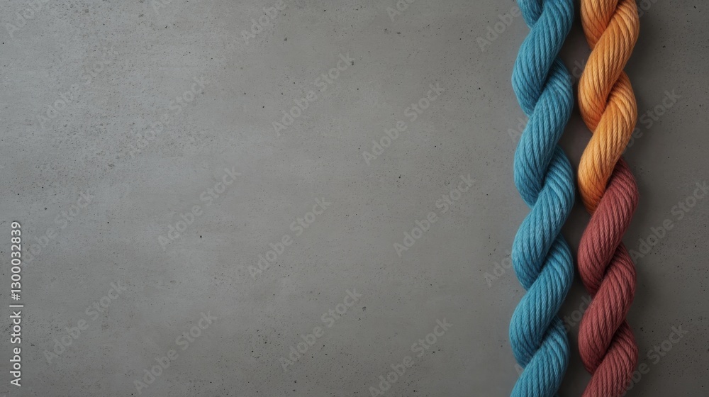 Aufkleber A single colorful rope interwoven with various fibers rests on a neutral textured surface, representing strength and unity with ample copy space on the right
