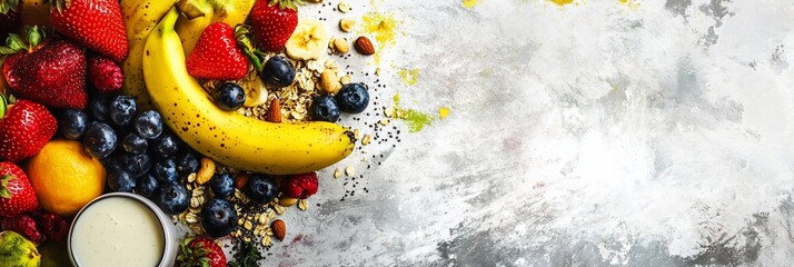 Healthy breakfast fruits, granola, and milk.